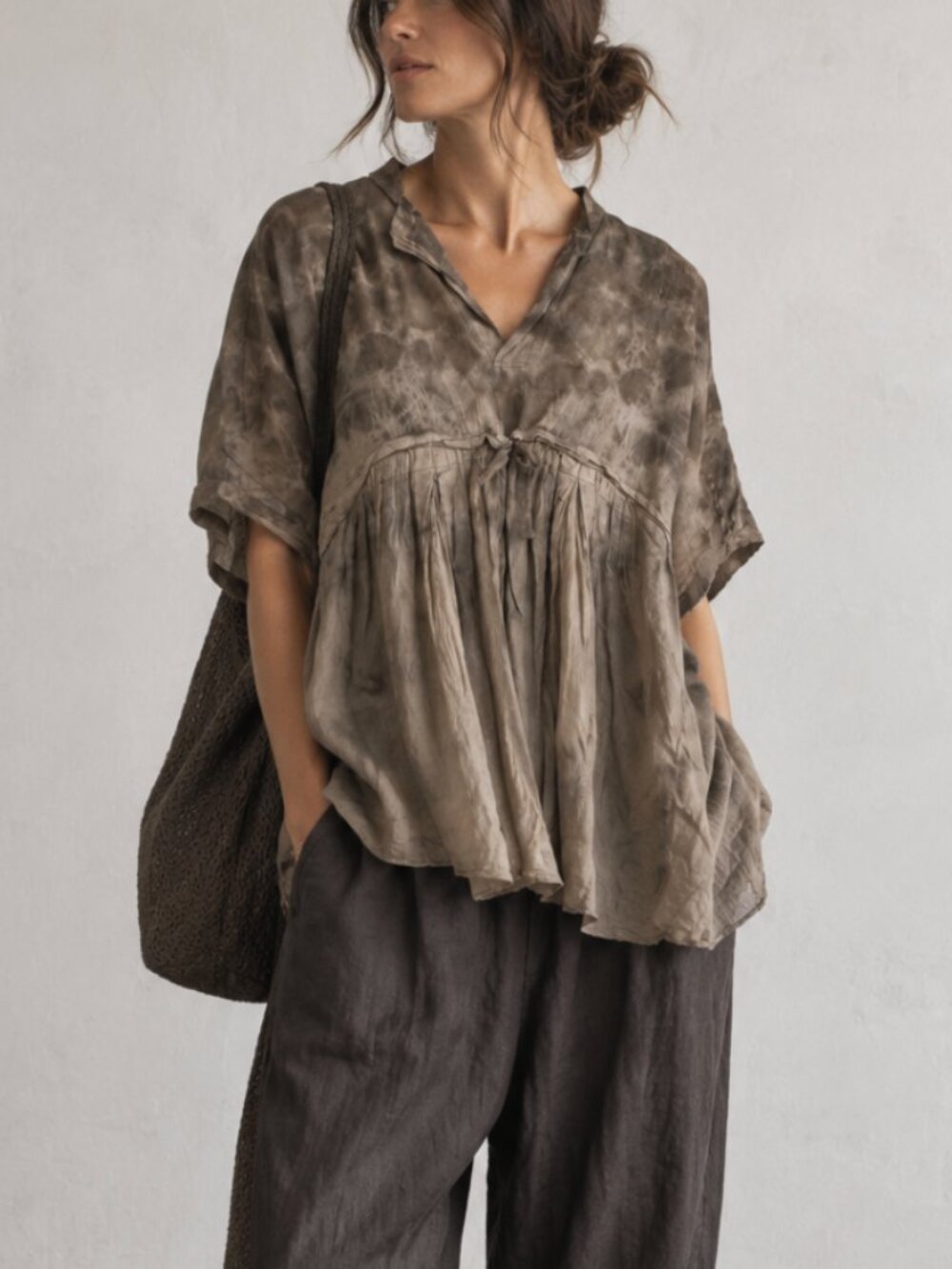 Pas de Calais Tie Dye Crinkle Popover Top Drawstring Waist XS